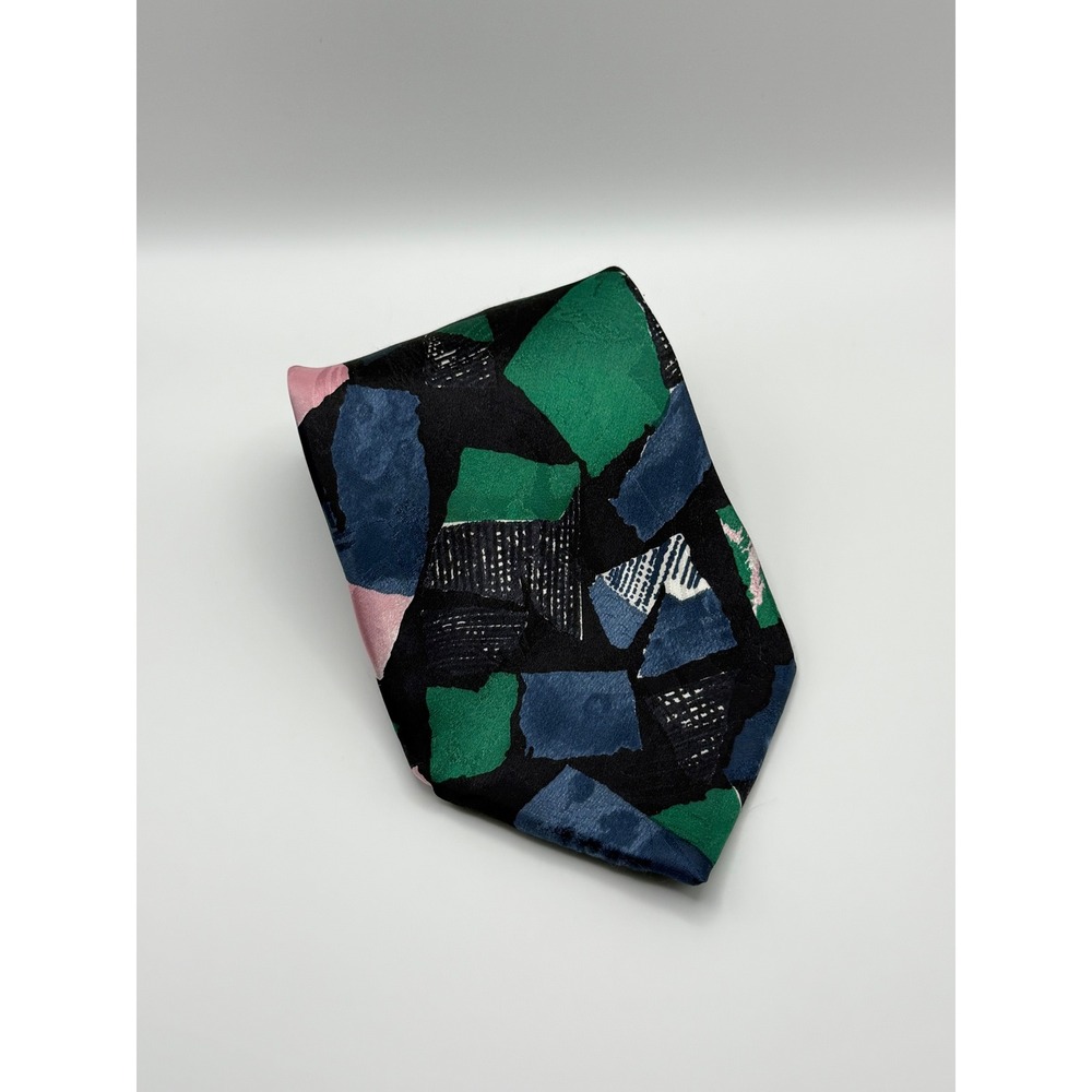 Pertini Silk Tie OS Geometric Abstract Italian Handmade Green Blue Pink Retro